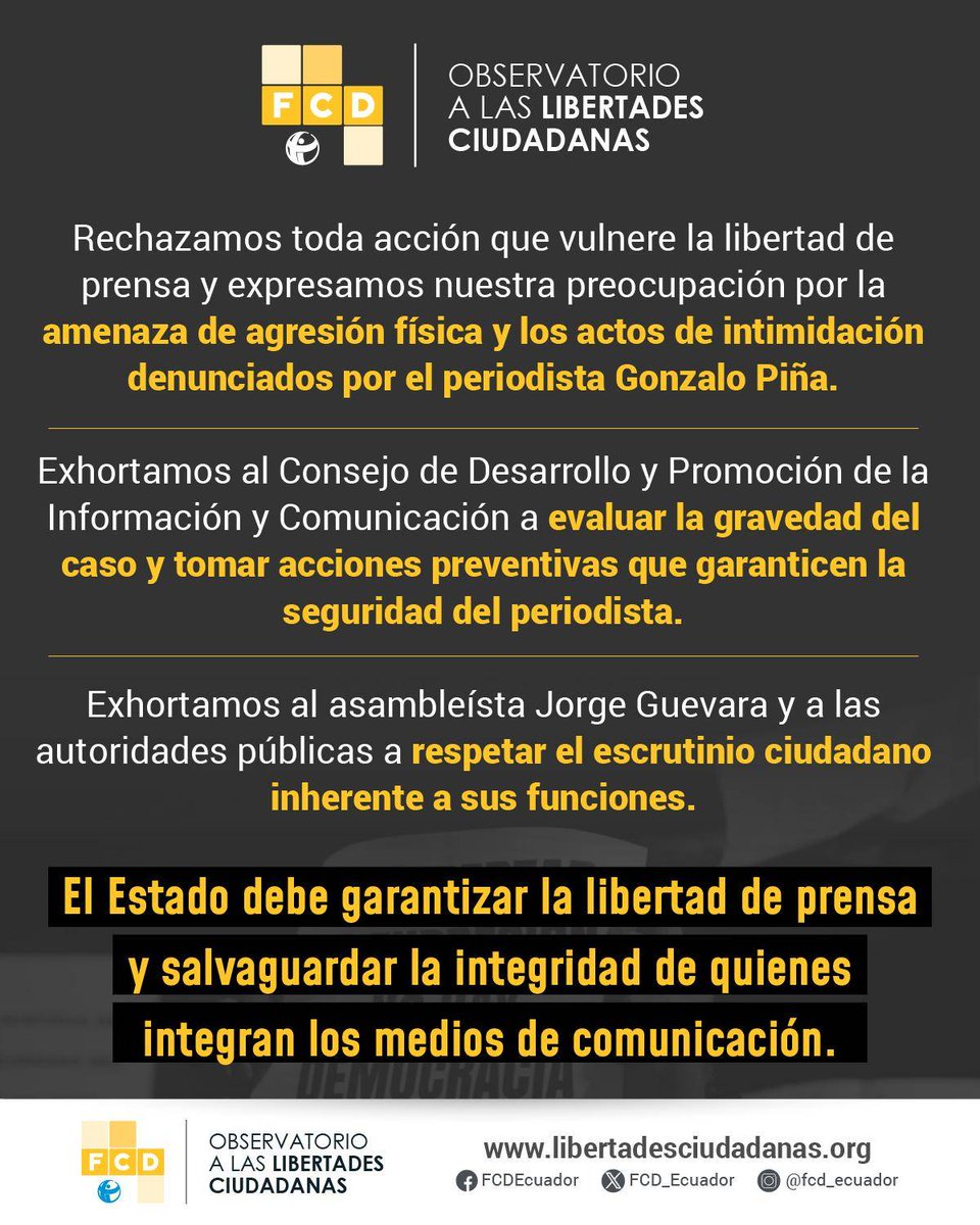 FCD_Ecuador's tweet photo. El periodista Gonzalo Piña denunció haber recibido amenazas e intimidaciones luego de difundir una investigación periodística relacionada con el asambleísta Jorge Guevara.

Conoce más aquí: https://t.co/Tt6zo0HSd5 https://t.co/gRAkK1VUIG