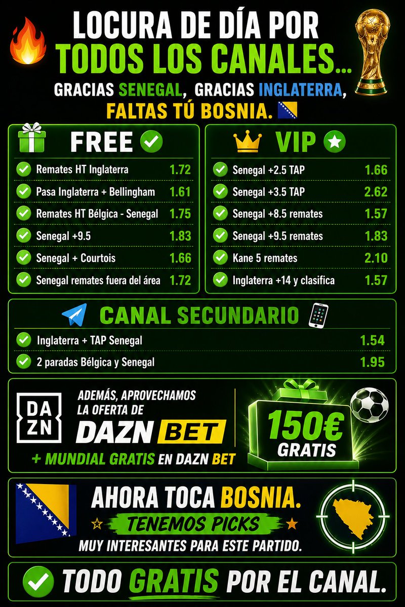 Rematesbets's tweet photo. 🔥 Locura de día. 14/14 picks ✅

Gracias, Inglaterra. 🇬🇧
Gracias, Senegal. 🇸🇳
Faltas tú, Bosnia. 🇧🇦

Y ya sabéis... cuando hay un día así, tocan regalos. 🎁

Voy a sortear 3 Paysafecards de 10€ entre todos los que:

✅ Hagan RT o comenten. https://t.co/mgNO1T0ZMM