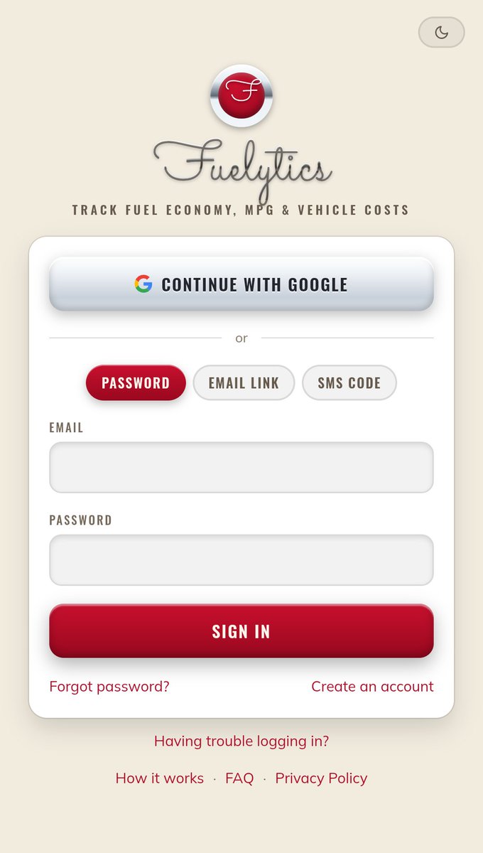 leedonnahoo's tweet photo. I just shipped Google Authentication today! Getting closer to the mobile launch with every iteration...
→ https://t.co/fTMyqlQQN5
What is this? Fuelytics is a web app I designed and built solo. 
Snap the pump. Snap the odometer. Your fill-up logs itself. https://t.co/j3cpqSLezo