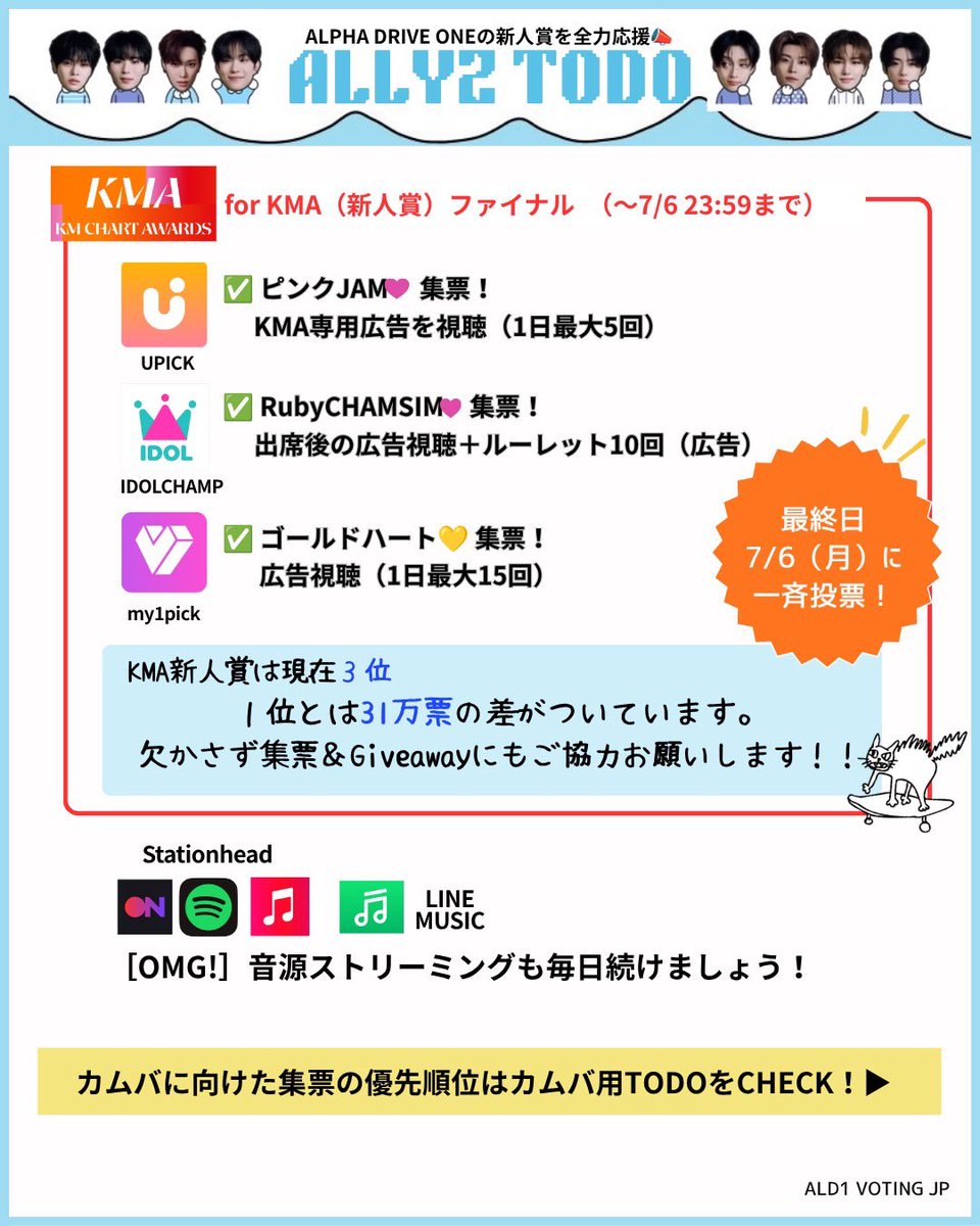 ALD1_VOTE_JP's tweet photo. 【7/2（木）☀️ 今日のTO DO LIST】
＼📣 𝗔𝗟𝗟𝗬𝗭 〜!!／

おはようございます☀️
スミンミュス、投票集票など頑張りましょう︎👍🏻 ̖́-

▓█▓█▓█▓█▓█▓█▓█▓█▓█▓

✅KMA GLOBAL RISING STAR AWARD
ファイナル投票に向けて集票🗳
📱IDOLCHAMP 🩷（8月カムバックでも使用）
📱UPICK 🩷
📱my1pick 💛

▓█▓█▓█▓█▓█▓█▓█▓█▓█▓

✅8月に向けて集票
・IDOLCHAMP
・Fancast(毎日出席)
・Linc(tin)
・Higher
・Muniverse（Ad Lumy💎）
・Mubeat
・DUCK AD

▓█▓█▓█▓█▓█▓█▓█▓█▓█▓

✅【OMG!】MV再生
https://t.co/EsiivVhpVU
手動再生が難しい場合はプレイリストもご活用ください🤝🏻
https://t.co/JRMLQEkuIE

✅音源ストリーミング
Stationhead・各種音楽サイト
Stationhead🔗 https://t.co/l77wZQ1Ww1

✅シェアリレーにも参加しましょう✨️🎧
⬇️こちらからOMG! URLとシェアリレータグをワンタッチでツイートできます⬇️
https://t.co/2iDCdmi1iT
#ALD1_シェアリレー
#ALD1_ShareRelay

▓█▓█▓█▓█▓█▓█▓█▓█▓█▓

#NoSchool_Tomorrow  #OMG !
#ALPHADRIVEONE  #ALD1 
#알파드라이브원
