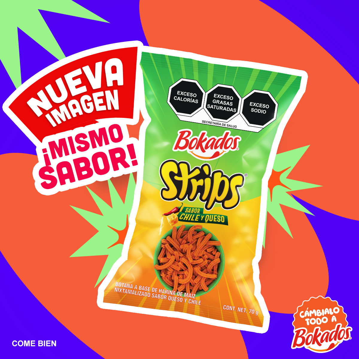 BokadosMX's tweet photo. ¡Nos renovamos por fuera, pero seguimos siendo los mismos por dentro! 😎
Los Strips que tanto te gustan estrenan imagen, pero su delicioso sabor chile y queso sigue siendo el mismo de siempre. 🌶️🧀

#CámbialoTodoABokados #Strips #NuevaImagen https://t.co/JdKQ24iKDu