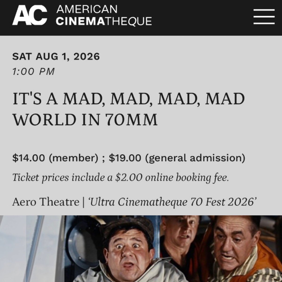 Lulamaybelle's tweet photo. Thanks to @am_cinematheque’s Ultra Cinematheque 70 Fest, I get to cross another must-see movie off my 1st time list on August 1 : IT'S A MAD, MAD, MAD, MAD WORLD in 70mm. https://t.co/w4zXJZFyYq
