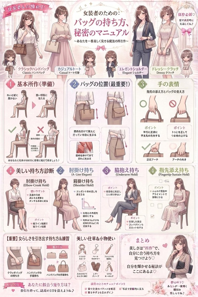 reinainusa's tweet photo. 【完全保存版】女装初心者必見
「バッグの持ち方一つ」で、見違えるほどお姉さんらしくなれる魔法のマニュアルを作りました✨
OLや女子アナ風の品のある仕草を徹底解説！
基本の「肘掛け」から「指先添え」まで、理想の自分を叶える持ち方診断も

あとで見返すために絶対保存してね👇 https://t.co/jfVdb3Kw1n