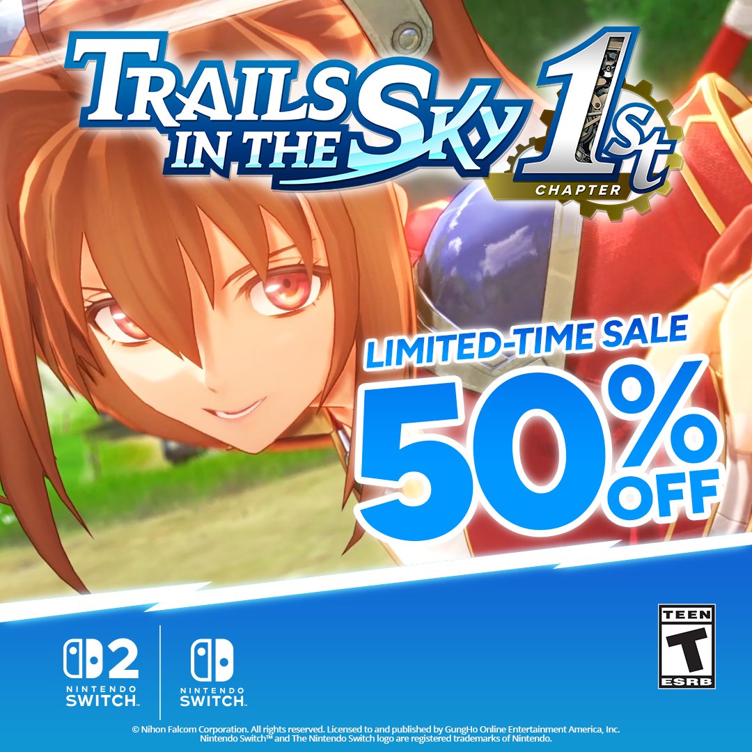 GungHo_America's tweet photo. Looking for your perfect summer game? ☀️

Dive into #TrailsintheSky1st for 50% OFF on Nintendo Switch and Nintendo Switch 2! 🎉

Sale ends July 19: https://t.co/yozmy09ySw https://t.co/ydU7sEmwBX