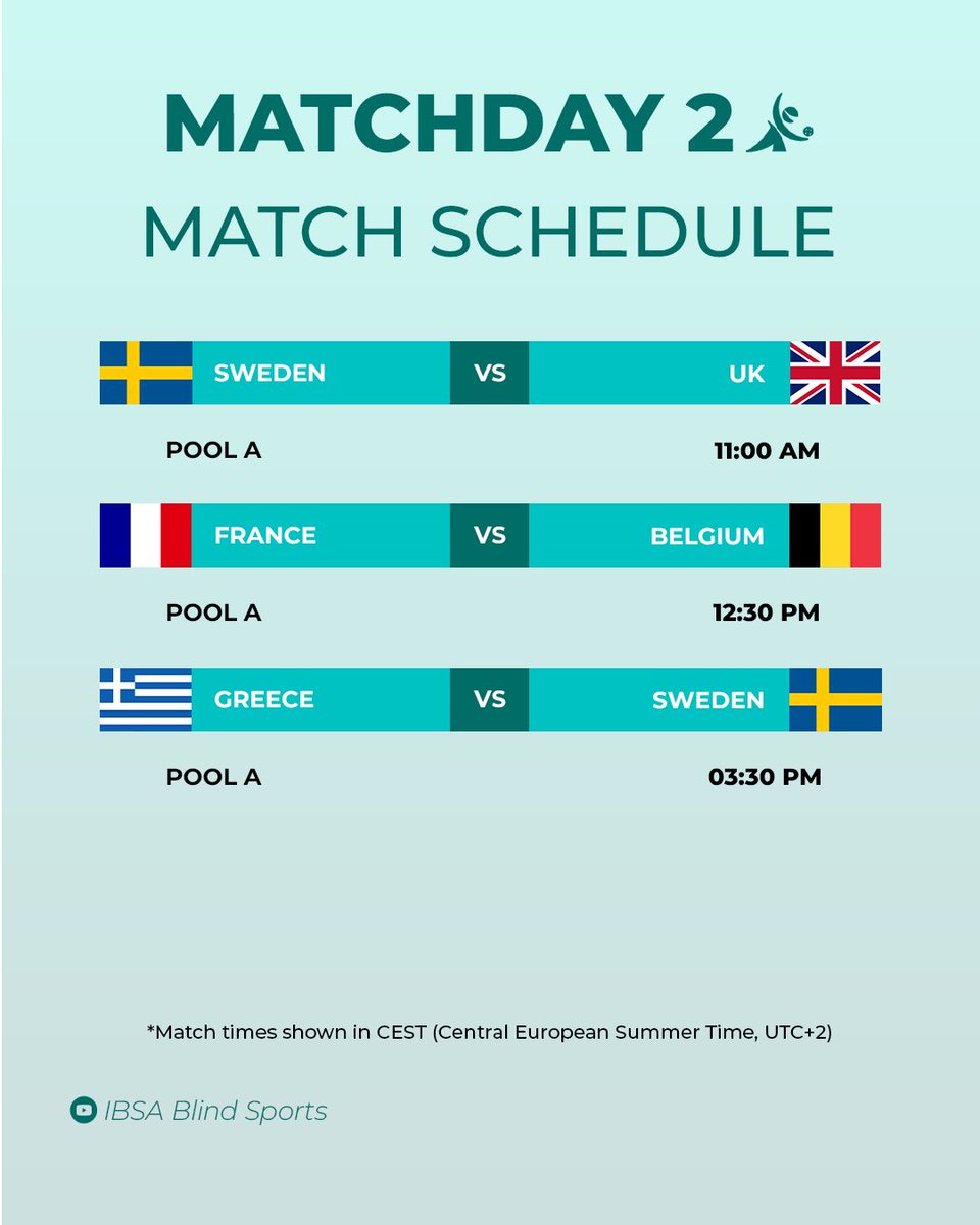 IBSABlindSports's tweet photo. 🚨 MATCHDAY 2 IS HERE! 🚨
The action continues at the 2026 IBSA Goalball European B 

Championships in Thessaloniki! 🇬🇷
Check out today’s schedule for Pool A &amp; B below! 👇

📺 Watch LIVE on the IBSA Blind Sports YouTube channel!
🔗 Link in bio!

#Goalball #IBSA #BlindSports https://t.co/5QCvWu0g3j
