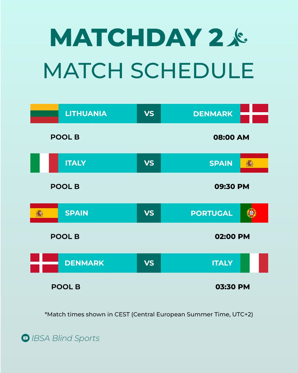 IBSABlindSports's tweet photo. 🚨 MATCHDAY 2 IS HERE! 🚨
The action continues at the 2026 IBSA Goalball European B 

Championships in Thessaloniki! 🇬🇷
Check out today’s schedule for Pool A &amp; B below! 👇

📺 Watch LIVE on the IBSA Blind Sports YouTube channel!
🔗 Link in bio!

#Goalball #IBSA #BlindSports https://t.co/5QCvWu0g3j