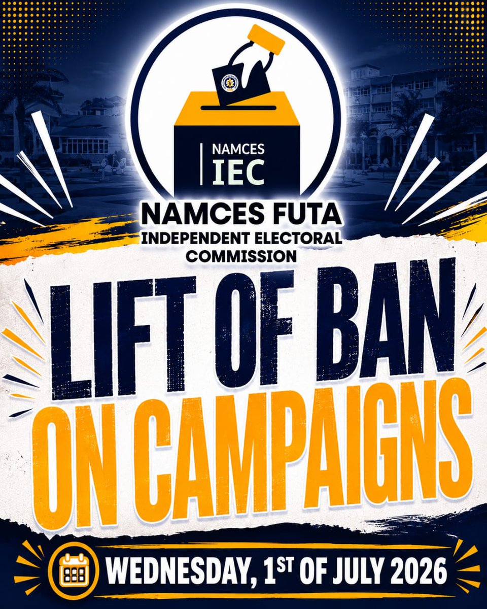 NAMCESIECFUTA's tweet photo. 📌 OFFICIAL MEMORANDUM 📌
All eligible financial members aspiring for elective positions are now permitted to commence their campaigns with immediate effect.

~E-Signed

Umeh Precious 
*Chairperson, NAMCES-IEC 2026.*

Olukunle Marvelous 
*General Secretary, NAMCES-IEC 2026.* https://t.co/cUj4f8WICZ