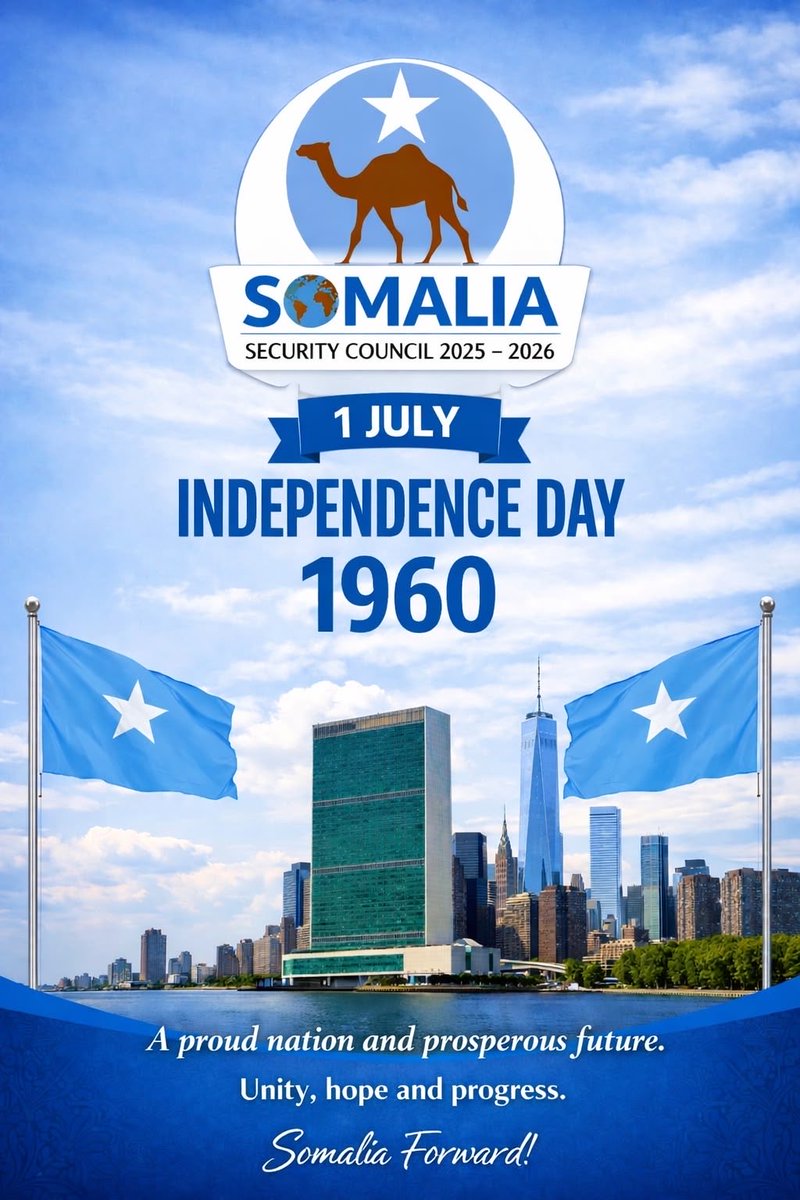 SomaliaatUN's tweet photo. July 1st isn't just a date—it's the reminder of the sacrifices made for freedom &amp; the promise of a united #Somalia. 🇸🇴 Today, we honor those sacrifices and celebrate the strength of our people &amp; the vision of our founders. Forward together, always. #Hormar #Wadajir  #SomaliaAt66 https://t.co/XXwswGQe2t