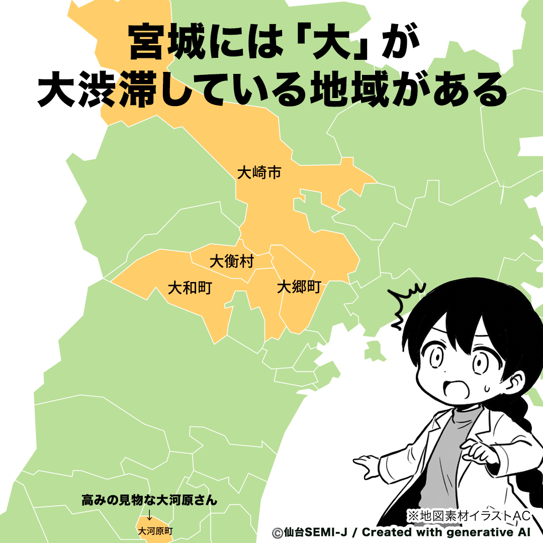 sendai_semij's tweet photo. 宮城、「大」がつく市町村が大渋滞してる。
仙台市民、大衡と大郷の区別がついてない可能性すらある。 https://t.co/o4wYdh07ID