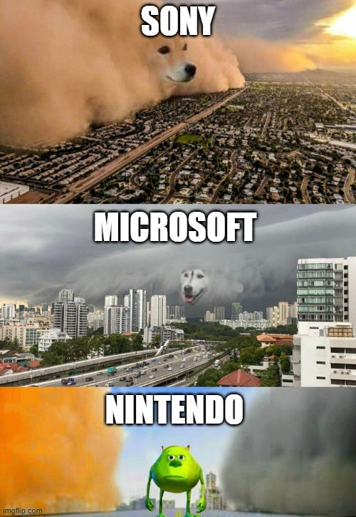CharlieTheMCP's tweet photo. Les hago un resumen rapidito de las 3 compañías de consolas en la actualidad:
Mientras Nintendo se da tiros en los pies, Sony y Microsoft se están pegando escopetazos en los huevos.
A como vamos, si Nintendo baja el arma, va a ganar la generación literalmente no haciendo nada. https://t.co/xYkzIAILVf