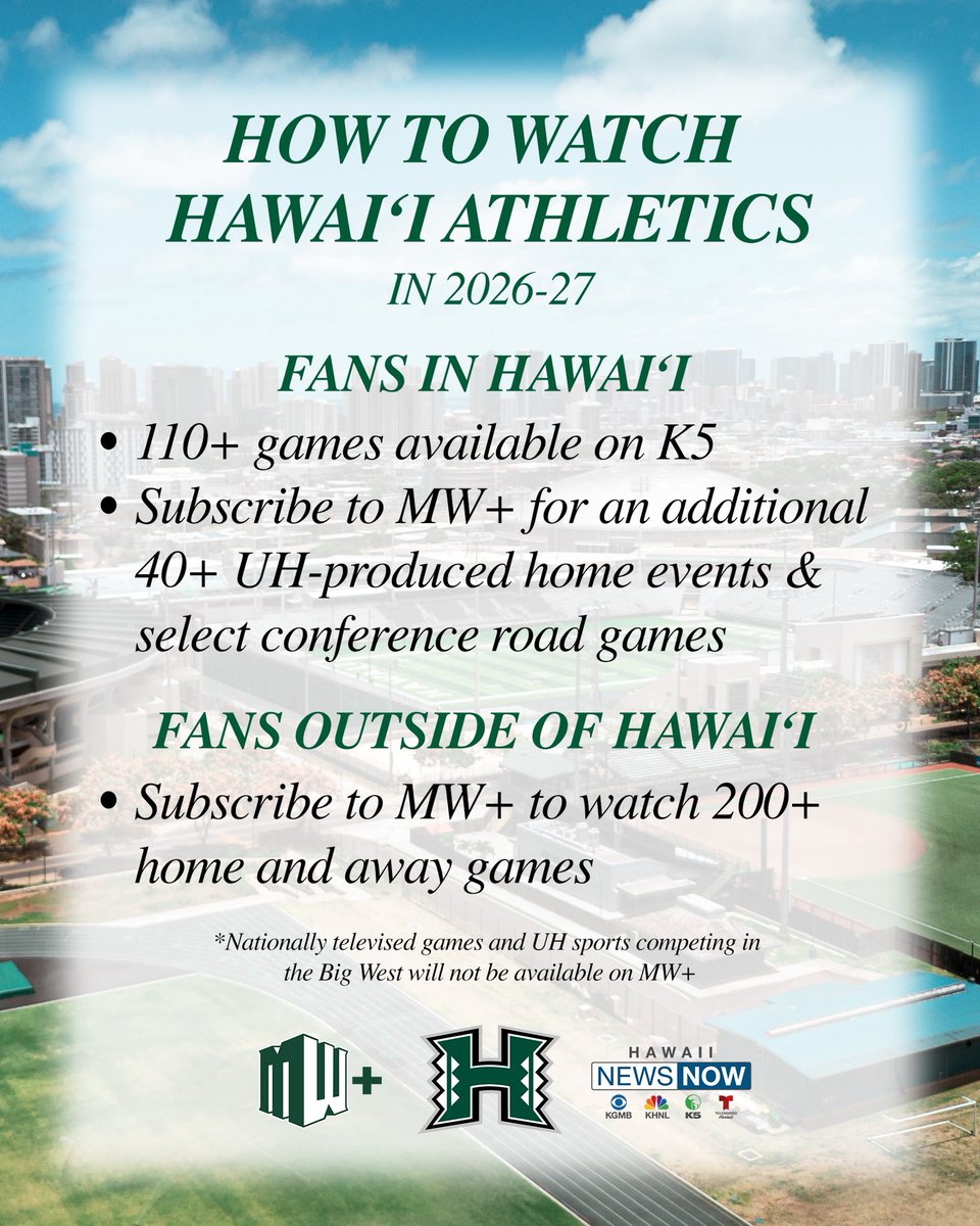 HawaiiAthletics's tweet photo. More ways than ever to catch our teams in action!
A quick guide to catching games this year on Hawaii News Now and MW+ ⤵️
SUBSCRIBE TO MW + ➡️ https://t.co/OMzpZqWuhy
#GoBows https://t.co/adzZYmL5Ku