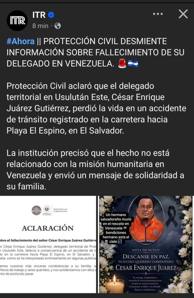 JLopezCCS's tweet photo. Es falso que un rescatista salvadoreño haya fallecido acá en Venezuela.

Si bien es cierto que el rescatista Cesar Enrique Juarez falleció, el hecho ocurrió en un accidente automovilístico en el Salvador.

De verdad no se que gana la gente difundiendo información falsa. https://t.co/p7hLcQUcG2