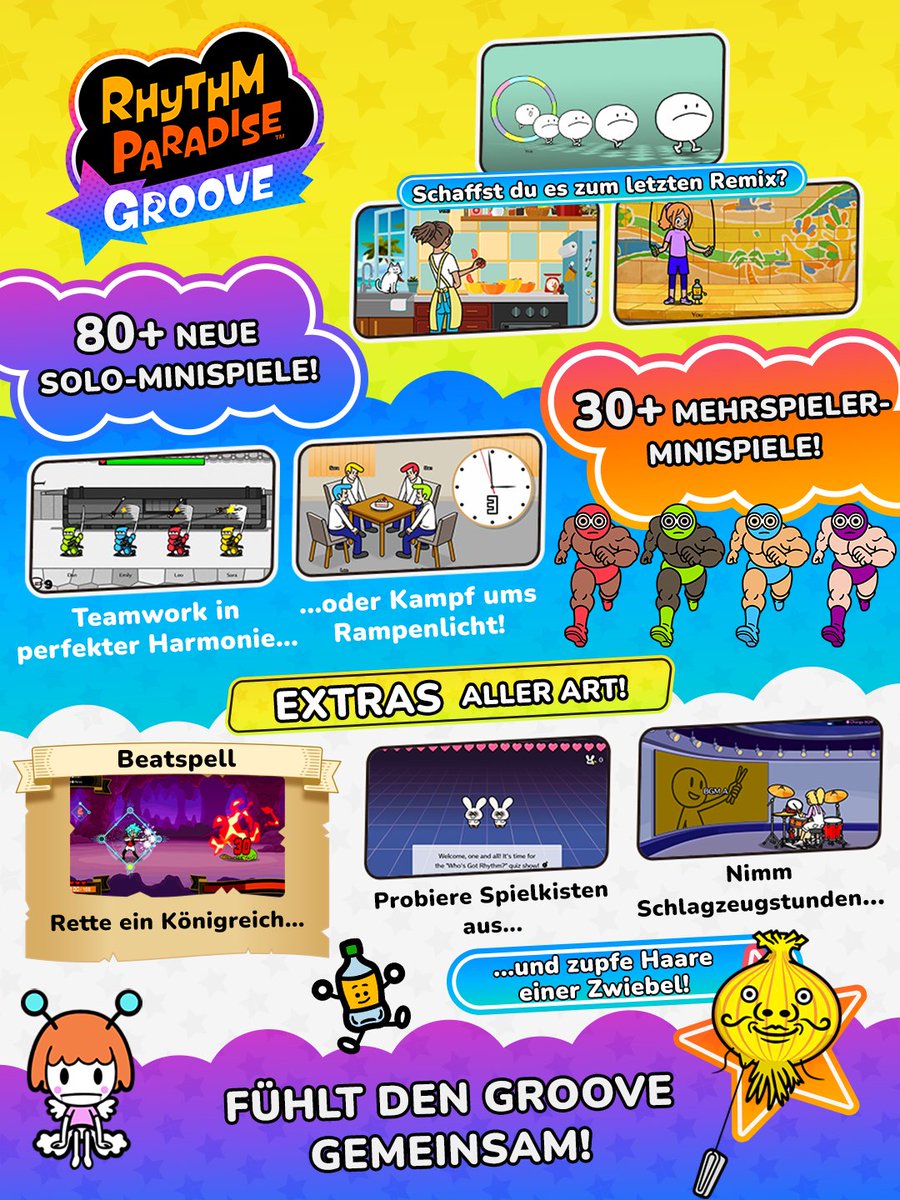 NintendoDE's tweet photo. Ein buntes, musikalisches Potpourri! #RhythmParadiseGroove ist jetzt erhältlich für Nintendo Switch. https://t.co/PYEMCeLi4X