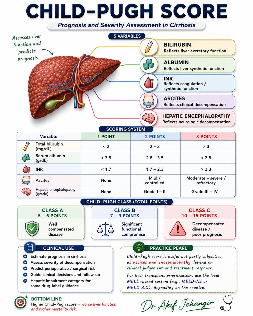 pgMedicine's tweet photo. Child-Pugh score estimates hepatic functional reserve and prognosis in cirrhosis using bilirubin, albumin, INR, ascites, and hepatic encephalopathy.
Higher Child-Pugh class indicates more advanced liver dysfunction and poorer prognosis. https://t.co/Nn1CqC3RrE