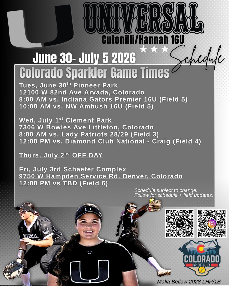 BellowMalia2028's tweet photo. Updated Colorado Sparkler schedule with our Friday bracket game time and location. We have an off day Thursday! Hope to see you out there!! https://t.co/DP3Q1OvVXx