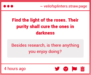 VeilofSplinters's tweet photo. Sometimes I like to read or sit by the docks and hear the other survivors talking their nonsense. I but get tangled on my own thoughts so often, most times I don't know who's talking.  Other times, S̷͉̩͐̔̆͝͠t̴͈̠͋͐͂̕͝ͅa̵̗̭͗l̸͉̭̍͂͋̓k̸̪̉̊̑ǐ̸͔̳͓͈͚̎̓͠n̴͓̯͕̖̾̉̀̈͝g̶͍̱̞̈́̀͒. https://t.co/ibR3HZYiTS