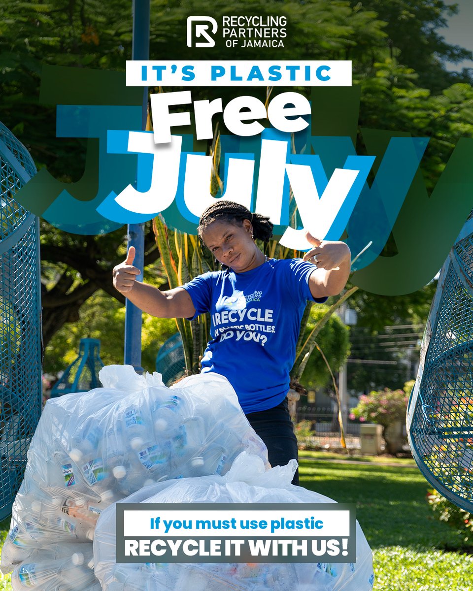 RecyclingJA's tweet photo. Plastic Free July is here 💙
The real move: use less plastic this month.
But if yuh haffi use a bottle, no throw it weh. Find yuh nearest RPJ location instead. ♻️🇯🇲
#PutPlasticInItsPlace #RecycleJA https://t.co/7gCz6ySdxz