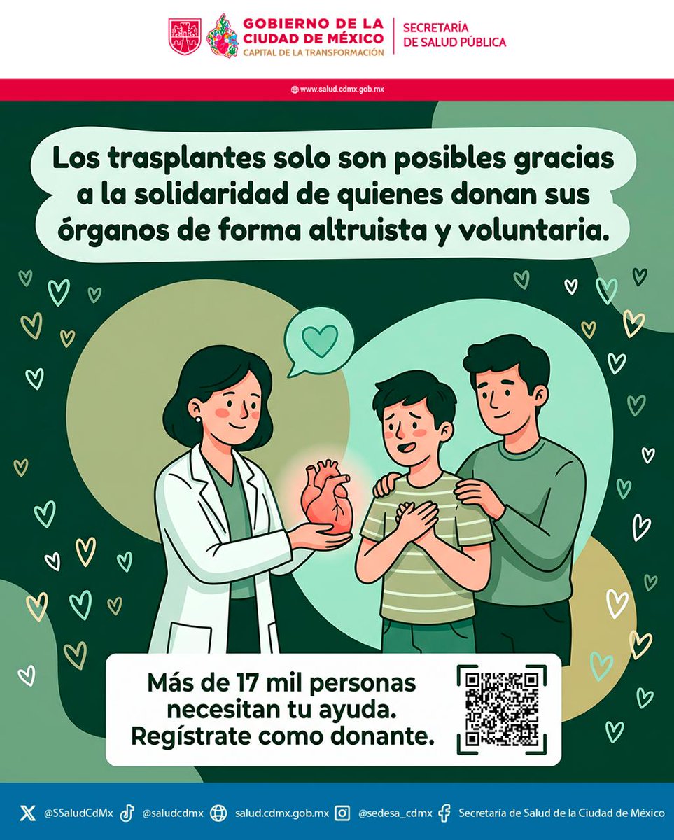 SSaludCdMx's tweet photo. 💚 Donar órganos y tejidos salva vidas. 📲 Escanea el código QR para registrarte como donante.

🙌  Sé parte de la acción más altruista que una persona puede hacer para mejor la calidad de vida de otras. ¡Regístrate!

#SaludPública #SoyDonanteYMiFamiliaLoSabe #ÓrganosYTejidos https://t.co/RJSjLF42Dj