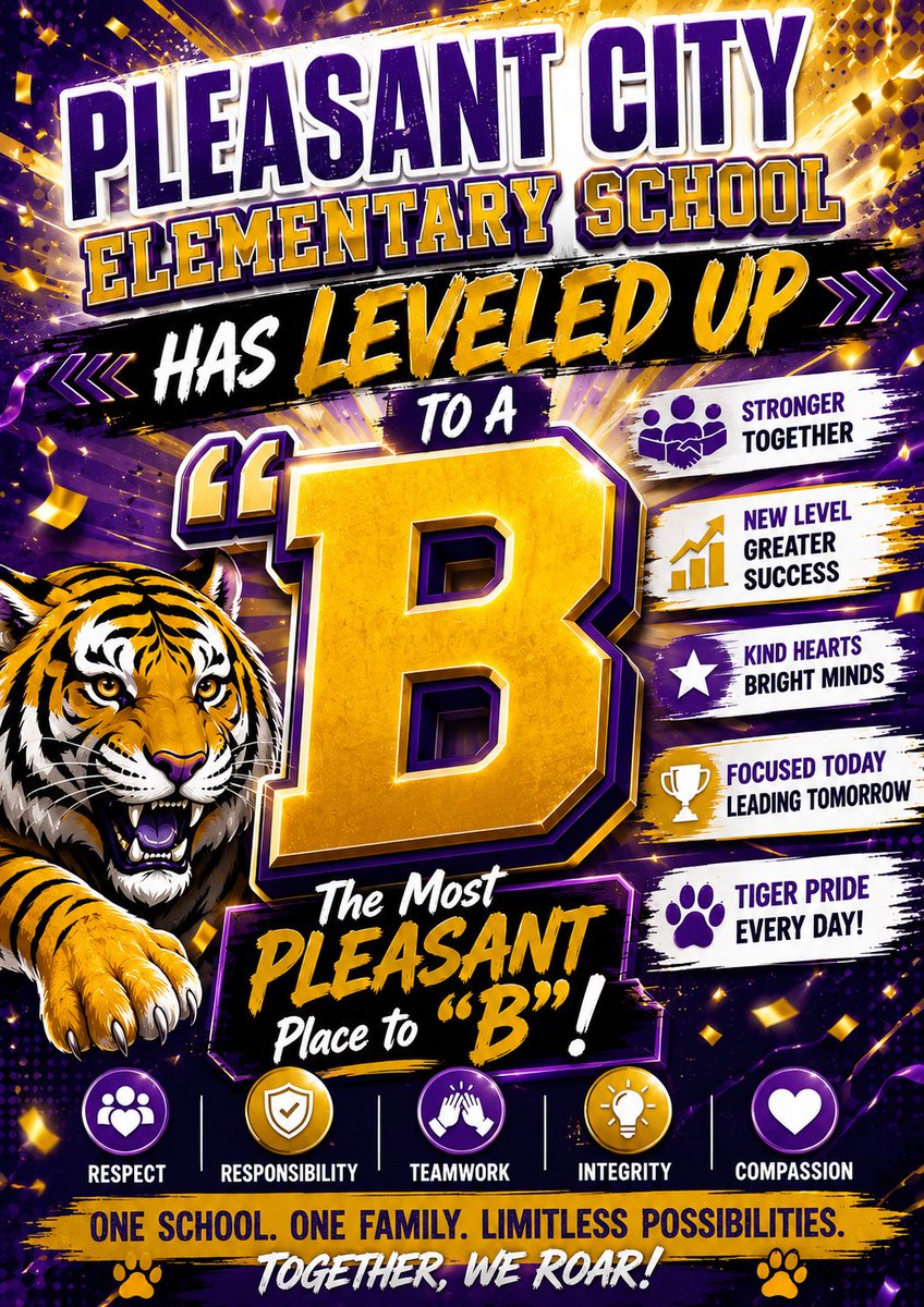 PleasantCityES's tweet photo. BREAKING TIGER NEWS!
We are absolutely Over the Moon to announce that Pleasant City Elementary has officially leveled up from a C to a B school grade! This incredible achievement is a reflection of the hard work, grit, and heart our Staff poured into our Tigers every single day. https://t.co/ZpVWPor4at
