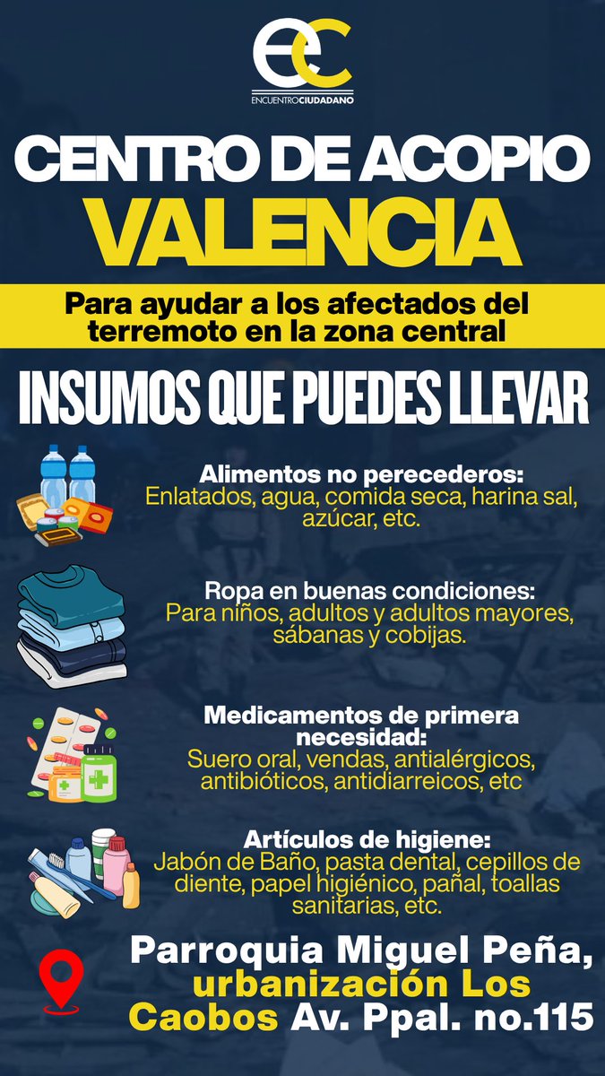 EnCiudadanoVzla's tweet photo. #ServicioPúblico 

Centros de acopio de nuestra organización política en el estado Carabobo: 

📍Valencia
📍Los Guayos
📍Carlos Arvelo https://t.co/WZDaYhC1iC