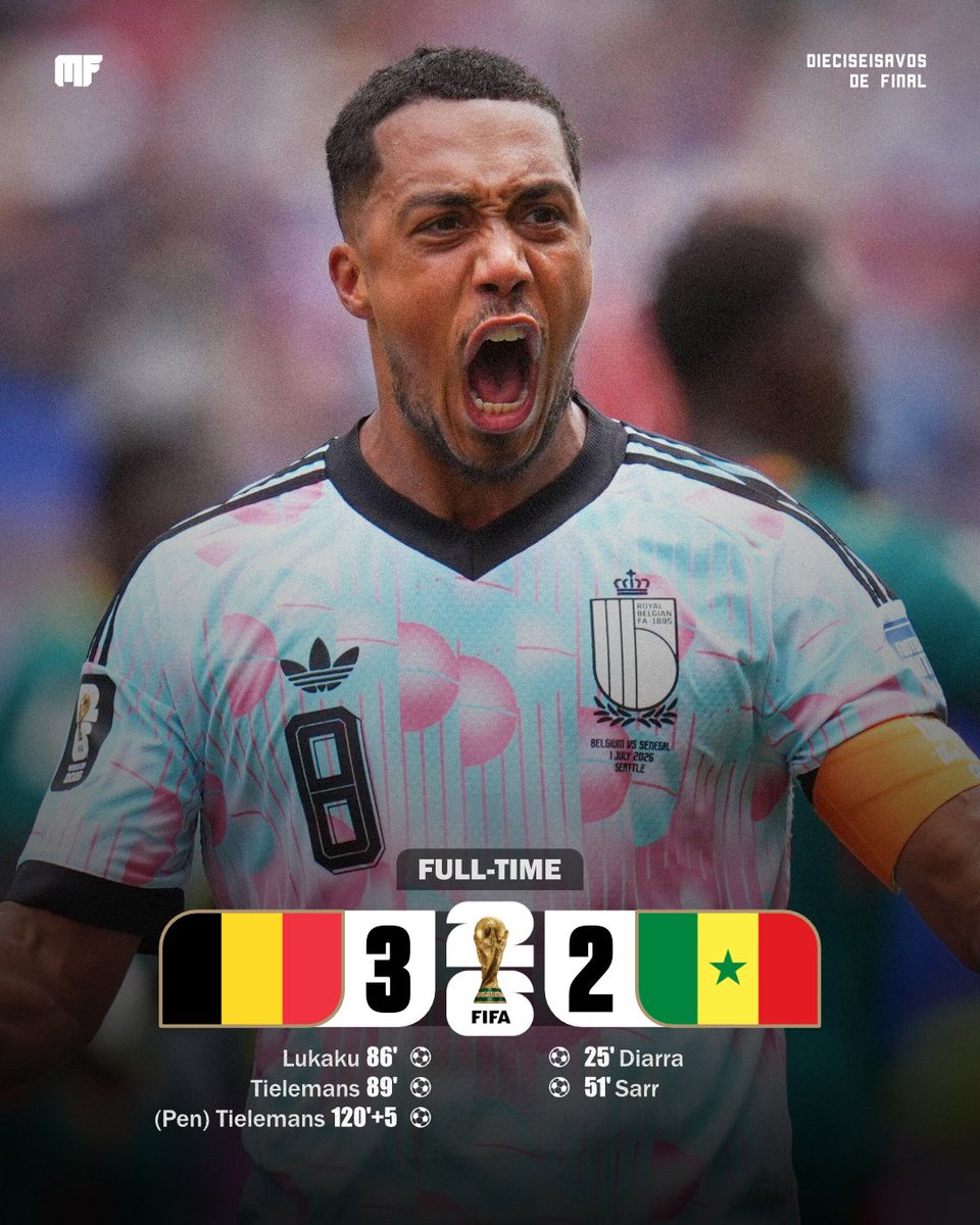 MFutbol33's tweet photo. ¡LOCURA TOTAL Y BÉLGICA A OCTAVOS! 🇧🇪🔥

Bélgica venció 3-2 a Senegal en un partido increíble. Perdía 2-0 por los goles de Diarra e I. Sarr, pero lo empató en una ráfaga con Lukaku y Tielemans.

En el alargue, Tielemans metió un penal agónico para sellar la clasificación. 🌍🏆 https://t.co/SwXUOc1NRE