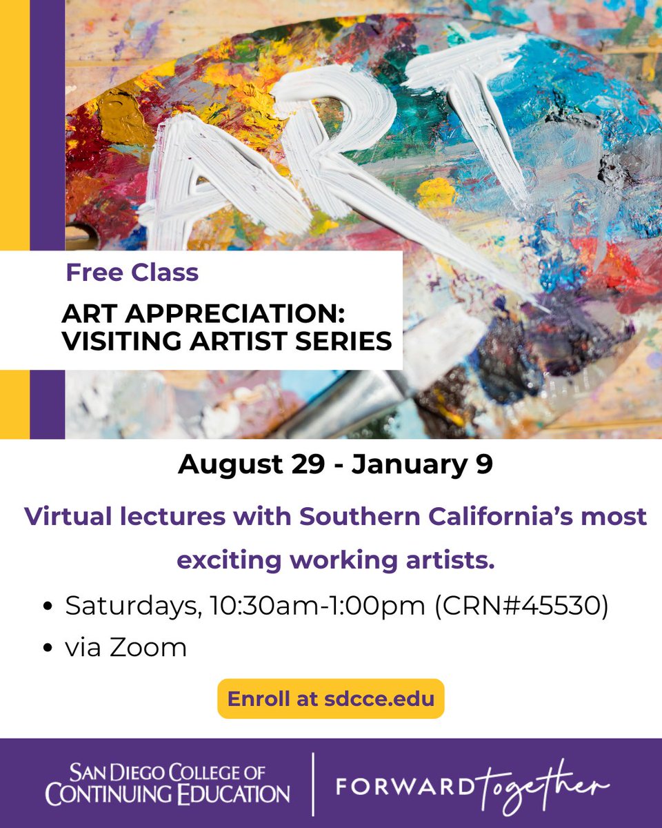 SDCCEEDU's tweet photo. Discover the stories behind great works of art and hear directly from working artists in our Art Appreciation: Visiting Artist Series (CRN#45530).
🗓️ Saturdays | Aug. 29, 2026 to Jan. 9, 2027
🕥 10:30 a.m. to 1:00 p.m.
💻 Online via Zoom
#SDCCE #ArtAppreciation #LifelongLearning https://t.co/hUfkRePAjL