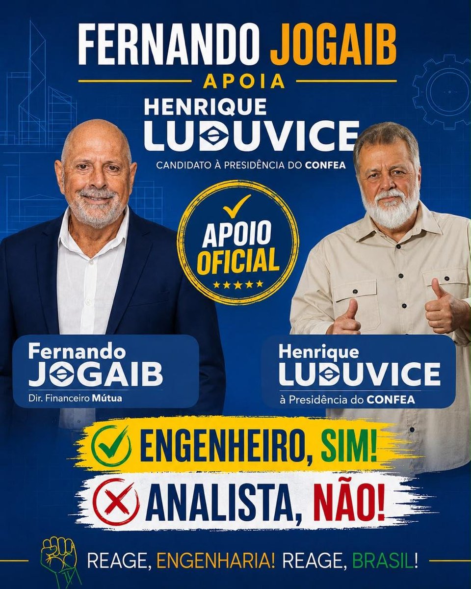 LuduviceCONFEA's tweet photo. Em 03/07, FERNANDO JOGAIB, articulador do Projeto "Engenheiro Sim Analista Não",  apoia LUDUVICE para o CONFEA. Reage Engenharia. REAGE BRASIL.
#Engenharia #Luduvice #Confea https://t.co/uaY3ljXxib