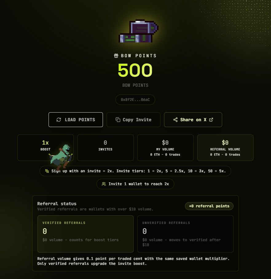 bowrobinhood's tweet photo. Bring your crew, stack your points. 🏹

The BOW Affiliate Program is fully live! 

Invite your friends to join the hunt, score points for every referral, and climb the leaderboard. https://t.co/9CqBH6qMCZ
