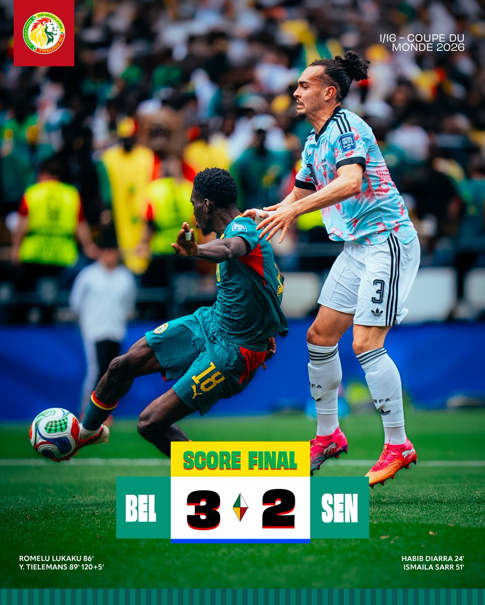 GaindeYi's tweet photo. ❌ Défaite 3-2 après prolongations.

L’aventure des Lions s’arrête en seizièmes de finale de la Coupe du Monde 2026. #FIFAWC2026 https://t.co/gkyhcaYDpv