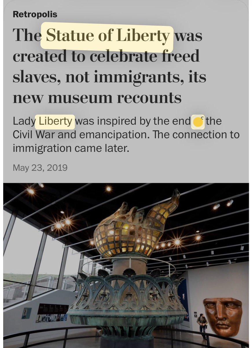 BreakingBrown's tweet photo. The Statue of Liberty was never intended to represent immigrants.

It was meant to celebrate freed slaves. You don’t need to put a bedsheet over it. Just give it back its original meaning.

We know he won’t, and we know exactly why. https://t.co/6flruuEhJ6