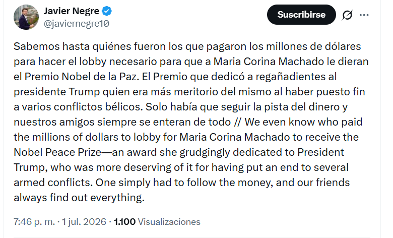 rondon_EA26's tweet photo. En las últimas horas, como nunca antes lo había hecho en su vida, Javier Negre lanzó no menos de diez tuits para atacar a María Corina Machado y su equipo usando una narrativa CALCADA de propagandistas chavistas.

Pero calcada. Literalmente. 

Recordemos que Negre fue quien entrevistó a Delcy Rodríguez hace unos días. Él se ha vendido en los últimos días como un hombre cercanísimo a la Administración Trump y una persona útil para tender un puente entre Washington y Caracas. Una figura, supuestamente, "de derechas" y opositor al régimen que ahora está apoyando la agenda de la Casa Blanca.

Pero dio un giro radical en las últimas horas. Al punto de impulsar una agenda descabellada completamente pro-Delcy, incluso tergiversando la postura actual del gobierno de los Estados Unidos. Yo no sé si la Casa Blanca y sus contactos en la Administración Trump están felices con este giro de Negre. ¿Será que este desespero corresponde a que ya no es más útil y se cayeron sus planes?
