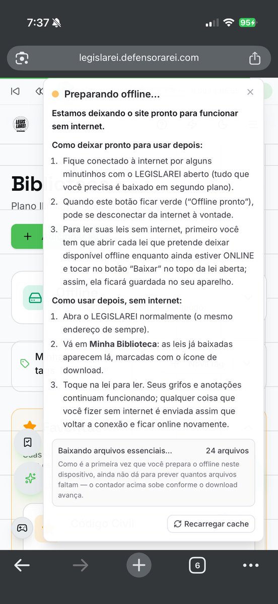 defensorarei's tweet photo. MODO OFFLINE (ler as leis e fazer grifos) SEM INTERNET DISPONÍVEL NO LEGISLAREI 🥹💚🖤🤏🏽

Depois que você fica online de novo no dispositivo e acessa o site, os grifos e anotações feitos off-line sobem e sincronizam pro online! https://t.co/BJCNyfmeH2
