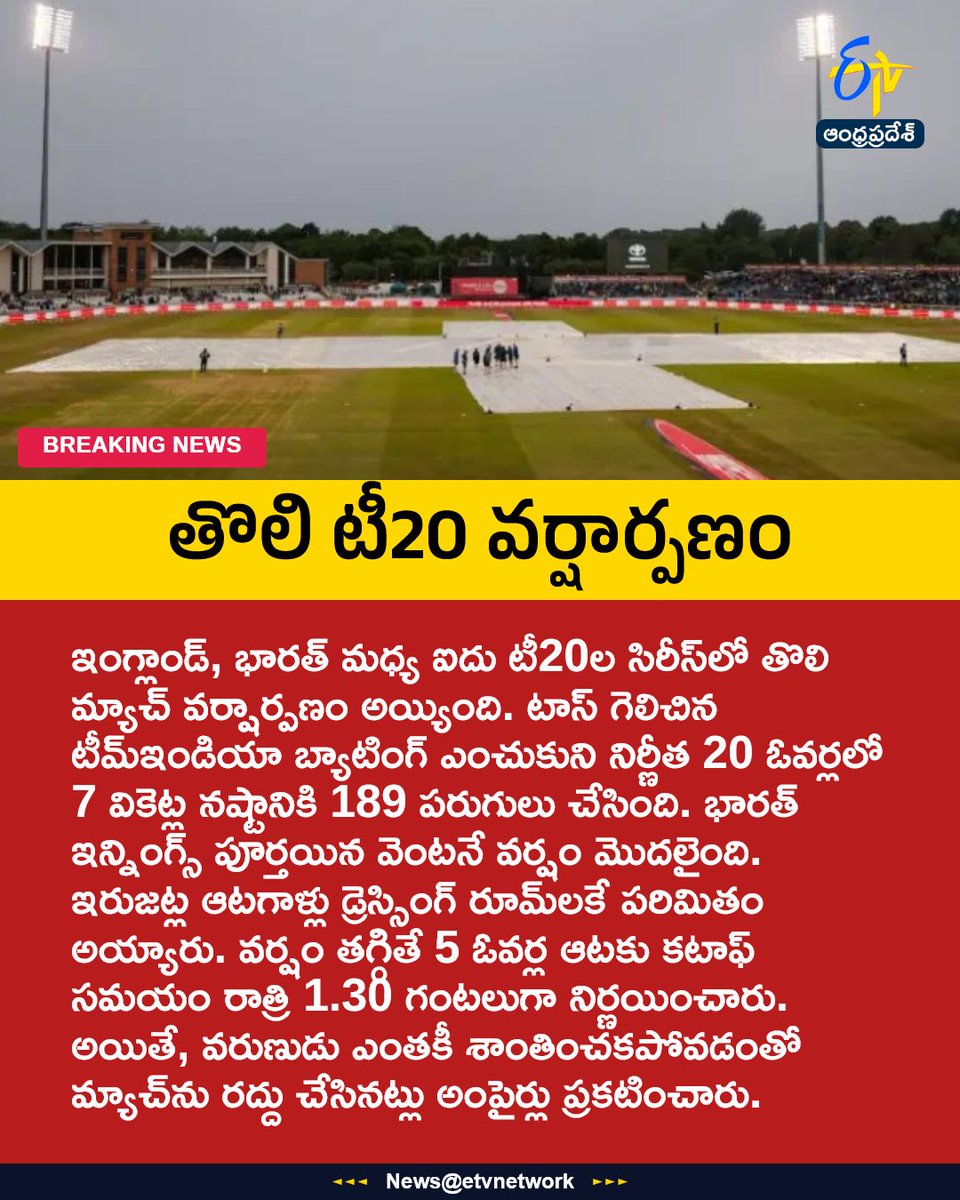 etvandhraprades's tweet photo. తొలి టీ20 వర్షార్పణం
For More LIVE Updates Click This Link
https://t.co/eltbdVshne
#INDvsENG
#FirstT20
#Rain
#MatchAbandoned
#Etvapbreaking https://t.co/ZGO6sOHjQx