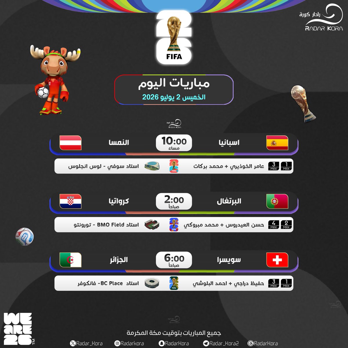 Radar_Kora's tweet photo. 🏆 || كأس العالم 2026 🇺🇸🇨🇦🇲🇽

⬅️ - مباريات اليوم

-  #اسبانيا_النمسا 10:00 م
🏟️ استاد سوفي  🇺🇸

-  #البرتغال_كرواتيا 2:00 ص
🏟️ استاد بي ام او فيلد 🇨🇦

-  #سويسرا_الجزائر 6:00 ص
🏟️ استاد بي سي بليس  🇨🇦 

#كأس_العالم | #كأس_العالم_2026 
#FIFAWorldCup | #WeAre26 https://t.co/bv1gSpOPhp