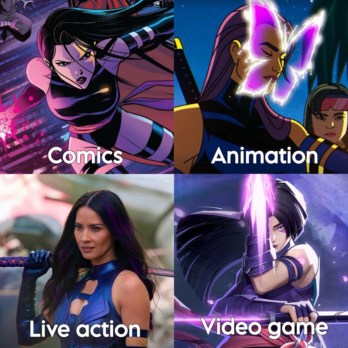 jayspectrumX's tweet photo. Psylocke in different styles across the Multiverse https://t.co/q0xyjby1eS