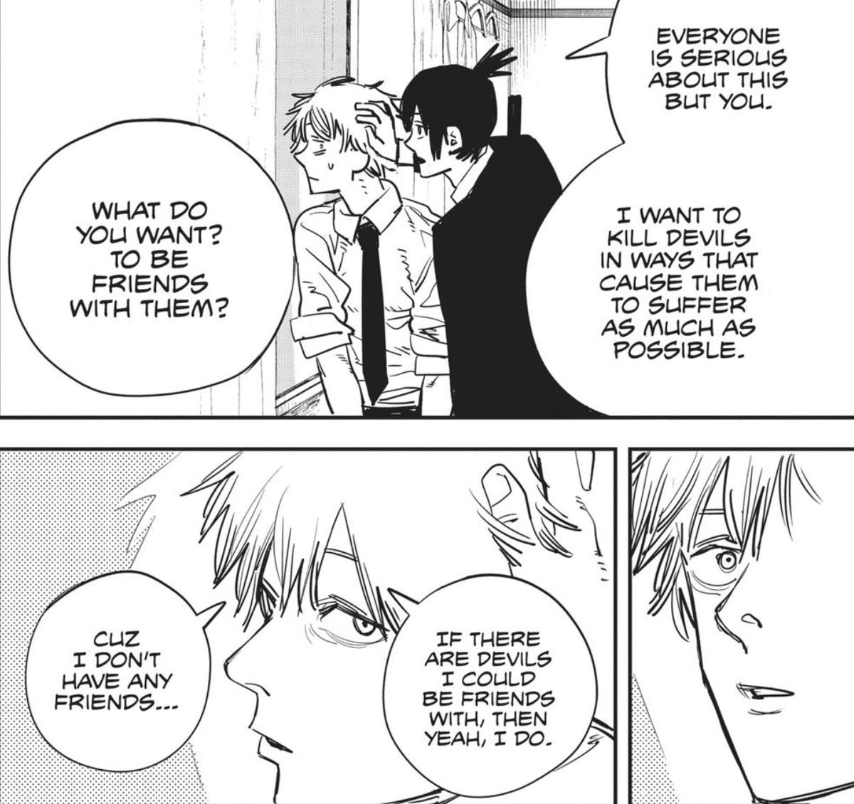plutoxcsm's tweet photo. denji keeps this mentality that you can be friends with devils until the very very end. even before he met power he felt this way, after he loses his family, after he fights yoru, it didnt matter what terrible thing happened to denji he maintained this ideology. its honestly cute https://t.co/qOtuXeF1Rw