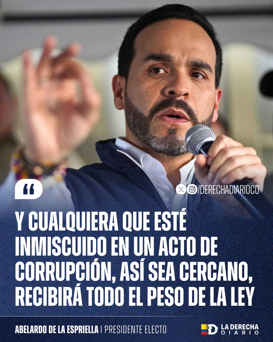DerechaDiarioCO's tweet photo. 🚨🇨🇴 | CONTUNDENTE: El presidente electo @ABDELAESPRIELLA advirtió que en su gobierno no habrá intocables. Cualquier funcionario que resulte involucrado en actos de corrupción responderá ante la justicia, sin importar qué tan cercano sea al presidente.

"Y cualquiera que esté inmiscuido en un acto de corrupción, así sea cercano, recibirá todo el peso de la ley y va a saber lo duro que muerde el tigre."