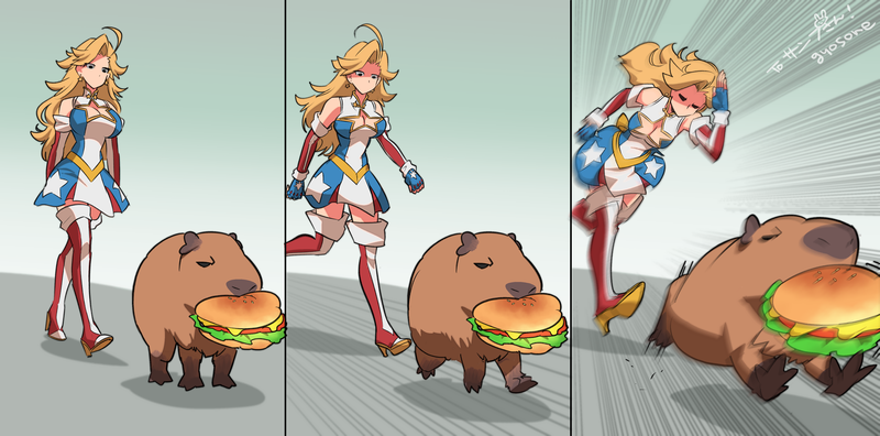 KamenAmericaVT's tweet photo. GET BACK HERE YOU BURGER STEALING CAPYBADGER!!!
🎨 - @gyosone https://t.co/lCqGzebnMH