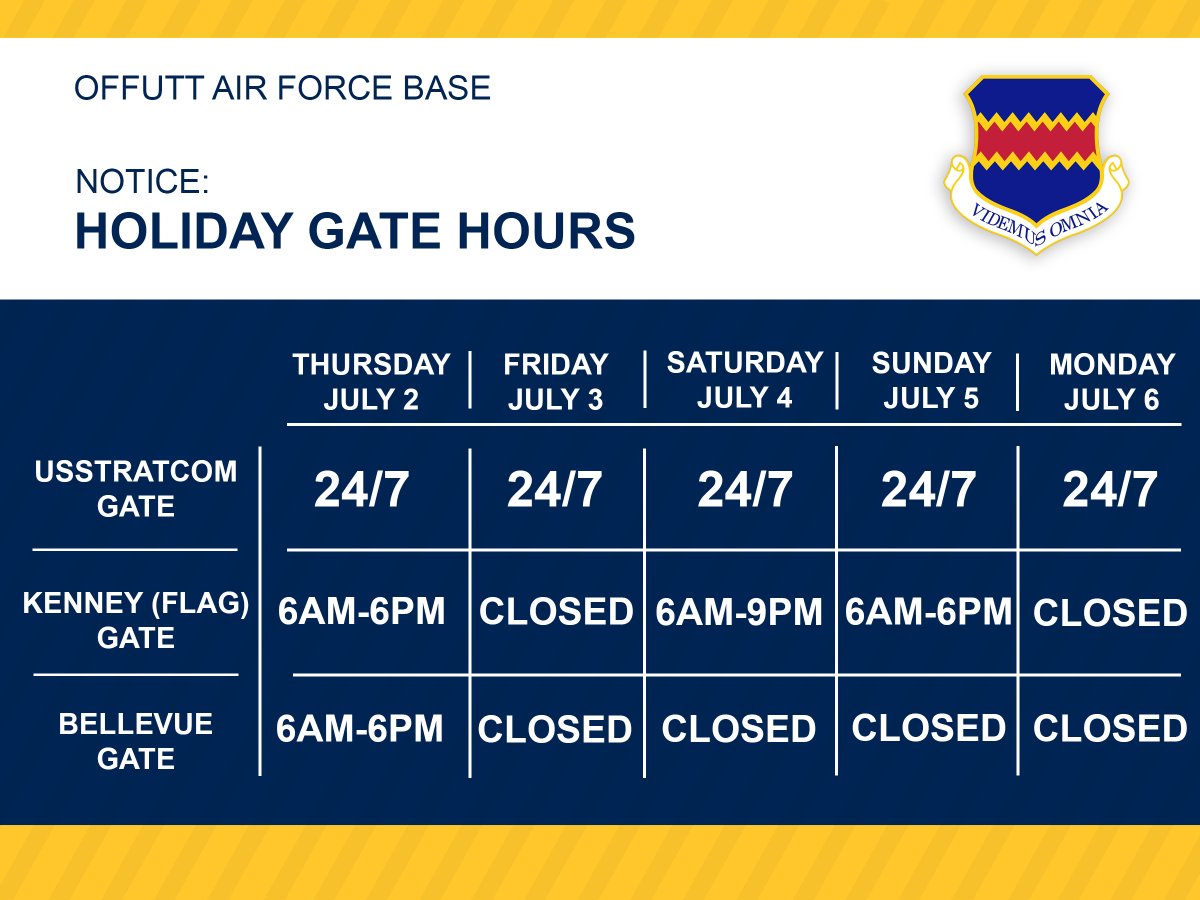 Offutt_AFB's tweet photo. #TeamOffutt – please review the upcoming holiday gate hours below. These closures allow our service members the opportunity to spend time with their families during the holidays.  

The Commercial Vehicle Inspection Area and Visitor Control Center will also be closed July 3 - 6. https://t.co/uyyIvnDkjA