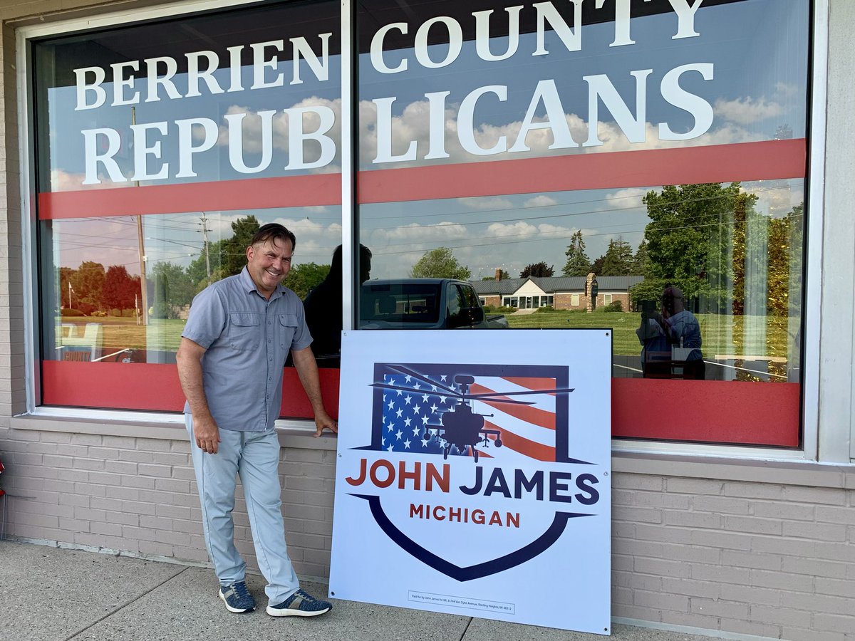CaptMikeforMI's tweet photo. John James for Governor signs arrived in Berrien County today.  Big ones going up as soon as I grab the post driver and T posts.  Yard signs available at the Berrien GOP HQ.  Looking forward to the debates next week @JohnJamesMI clearly has the momentum based on all support developing across Michigan.  We must nominate a candidate with the perseverance to beat the radical dems.