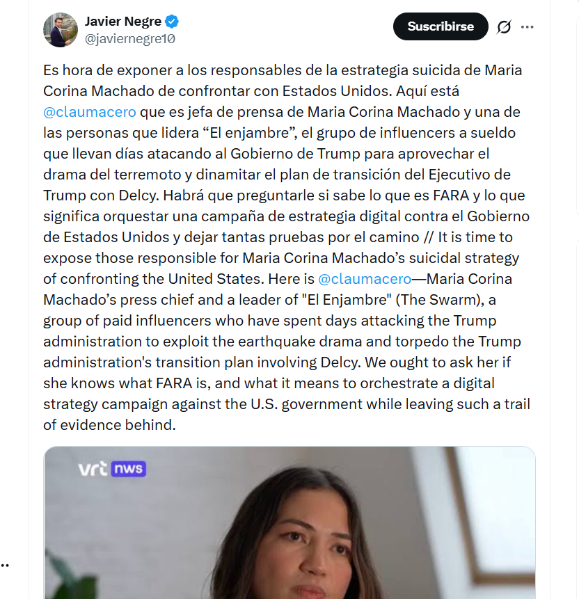 rondon_EA26's tweet photo. En las últimas horas, como nunca antes lo había hecho en su vida, Javier Negre lanzó no menos de diez tuits para atacar a María Corina Machado y su equipo usando una narrativa CALCADA de propagandistas chavistas.

Pero calcada. Literalmente. 

Recordemos que Negre fue quien entrevistó a Delcy Rodríguez hace unos días. Él se ha vendido en los últimos días como un hombre cercanísimo a la Administración Trump y una persona útil para tender un puente entre Washington y Caracas. Una figura, supuestamente, "de derechas" y opositor al régimen que ahora está apoyando la agenda de la Casa Blanca.

Pero dio un giro radical en las últimas horas. Al punto de impulsar una agenda descabellada completamente pro-Delcy, incluso tergiversando la postura actual del gobierno de los Estados Unidos. Yo no sé si la Casa Blanca y sus contactos en la Administración Trump están felices con este giro de Negre. ¿Será que este desespero corresponde a que ya no es más útil y se cayeron sus planes?