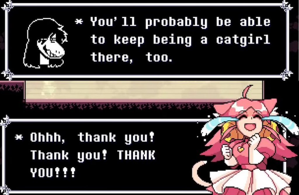Fleechiru's tweet photo. i got jumped and called an Illiterate Fandomite Toddler for saying I hope deltarune won’t be generic reductive Escapism Bad commentary, but this one interaction kinda proves that it won’t be https://t.co/quiwG8gTZH