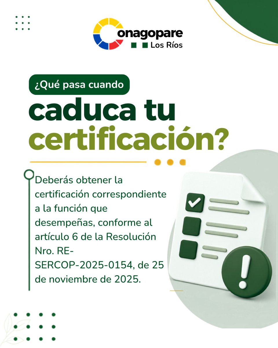 ConagopareLR's tweet photo. 📢 CONAGOPARE Los Ríos informa: desde el 4 de julio entra en vigencia la nueva modalidad de certificación para los operadores del Sistema Nacional de Contratación Pública. Conoce cómo aplica esta disposición y qué ocurre con las certificaciones vigentes. 📲 https://t.co/eN9SE4xUDV