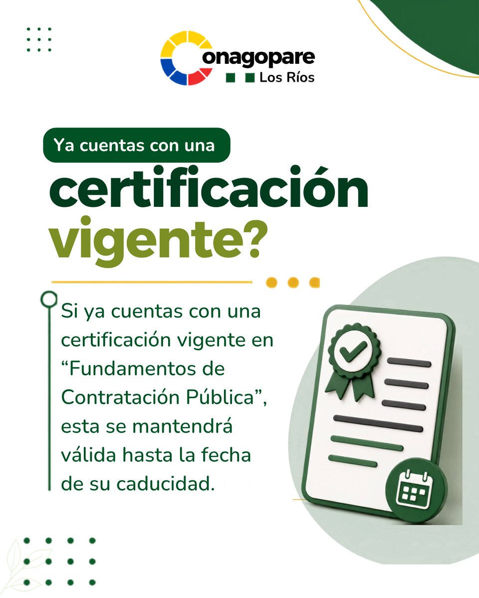 ConagopareLR's tweet photo. 📢 CONAGOPARE Los Ríos informa: desde el 4 de julio entra en vigencia la nueva modalidad de certificación para los operadores del Sistema Nacional de Contratación Pública. Conoce cómo aplica esta disposición y qué ocurre con las certificaciones vigentes. 📲 https://t.co/eN9SE4xUDV