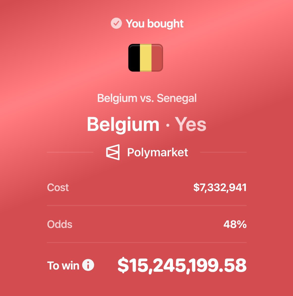 btbringim's tweet photo. So the guy that made this prediction on the world cup match Senegal Against Belgium has cashed out his $15.2M Wow 

This is insane! 🤯🤯 https://t.co/1cyJM3l5PF