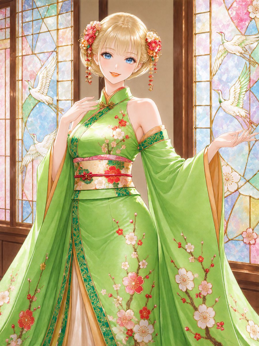 FA_Visuals's tweet photo. In fresh green and delicate floral patterns, she glows before the crane stained glass like a graceful spring blessing filled with light 🌿🕊️✨

みずみずしい緑と繊細な花模様をまとい、鶴のステンドグラスの前で、光に満ちた優雅な春の祝福のように輝いています 🌿🕊️✨ https://t.co/AcmKnuxt3W