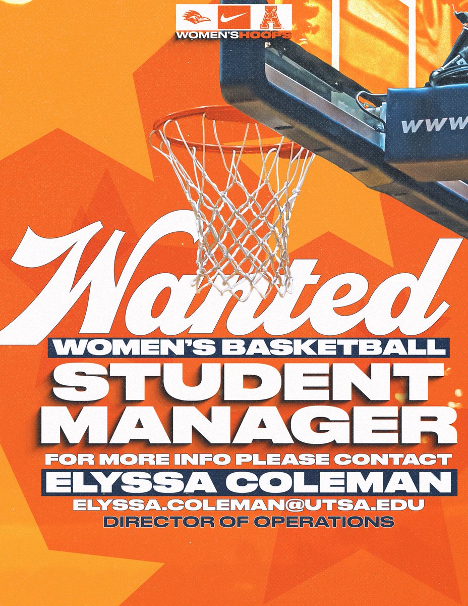 UTSAWBB's tweet photo. We’re looking for student managers! 

If interested, please contact elyssa.coleman@utsa.edu for more info! 

#BirdsUP🤙 | #LetsGo210 | #CashIn 🏀 https://t.co/a1PcPbQJb5