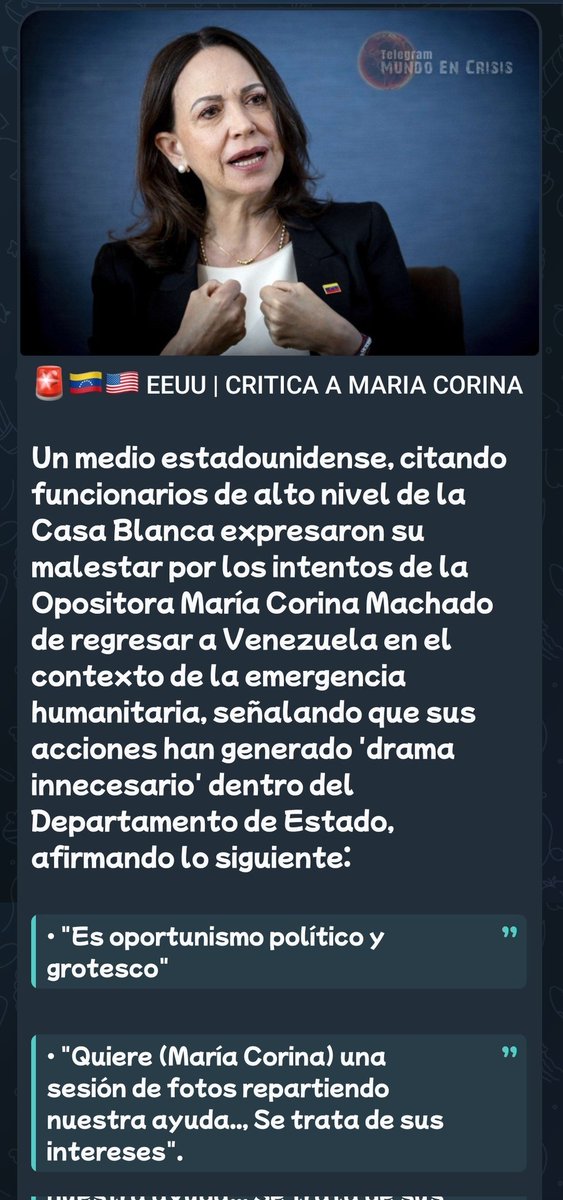 JEez_Pz's tweet photo. Los hijos de puta del @StateDept dejaron en cuatro bloques a la hija de puta @MariaCorinaYA.

Sobre su empeño en volver a Venezuela, dijeron:
"Es oportunismo político y grotesco"

"(María Corina) Quiere una sesión de fotos repartiendo nuestra ayuda.. Se trata de sus intereses".🤣 https://t.co/nA3IEEkQ0z