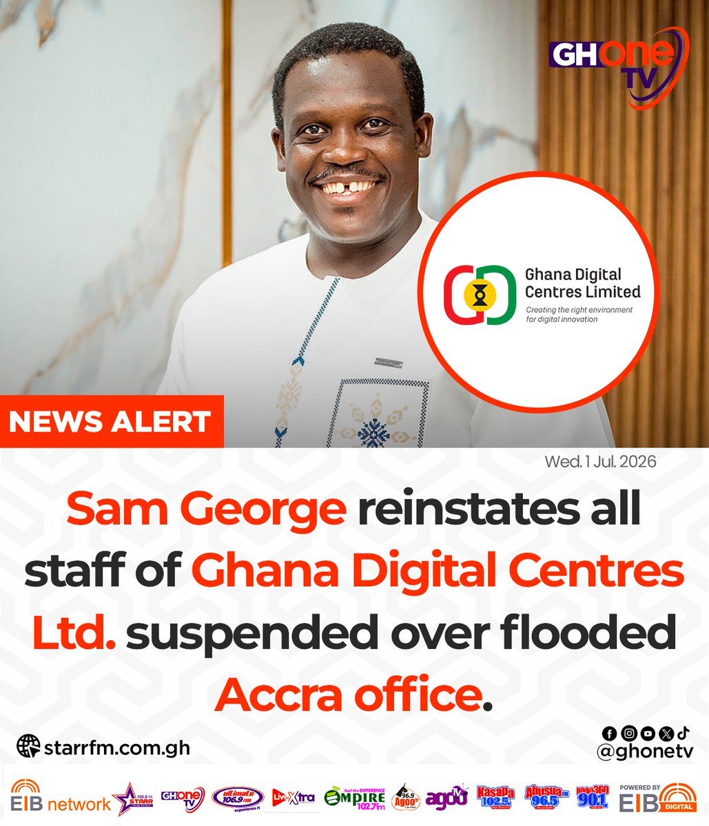 ghonetv's tweet photo. Digital Minister, Sam George reinstates all staff of Ghana Digital Centres Ltd. suspended over flooded Accra office...

#GHOneNews #EIBNetwork
#GHOneTV #NewsAlert https://t.co/ofbC05kWxK