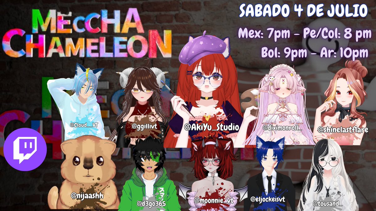 AkiYuStudio's tweet photo. 🎨 Se viene la mejor colab de VTubers en Meccha Chameleon! 🦎✨

¡Este sábado 4 de julio nos reunimos un montón de VTubers para una colaboración llena de arte, risas, caos y mucha creatividad! 💜

🕖 Horarios:
🇲🇽 México: 7:00 PM
🇵🇪🇨🇴 Perú/Colombia: 8:00 PM
🇧🇴 Bolivia: 9:00 PM
🇦🇷 Argentina: 10:00 PM

¡No te lo pierdas! 💖 Habrá dibujos, interacción, momentos inesperados y mucho entretenimiento. ¡Nos vemos en Twitch! 🎥💜

#VTuber #VTuberES #Twitch #Arte #Collab #MecchaChameleon #Streaming #VArtist